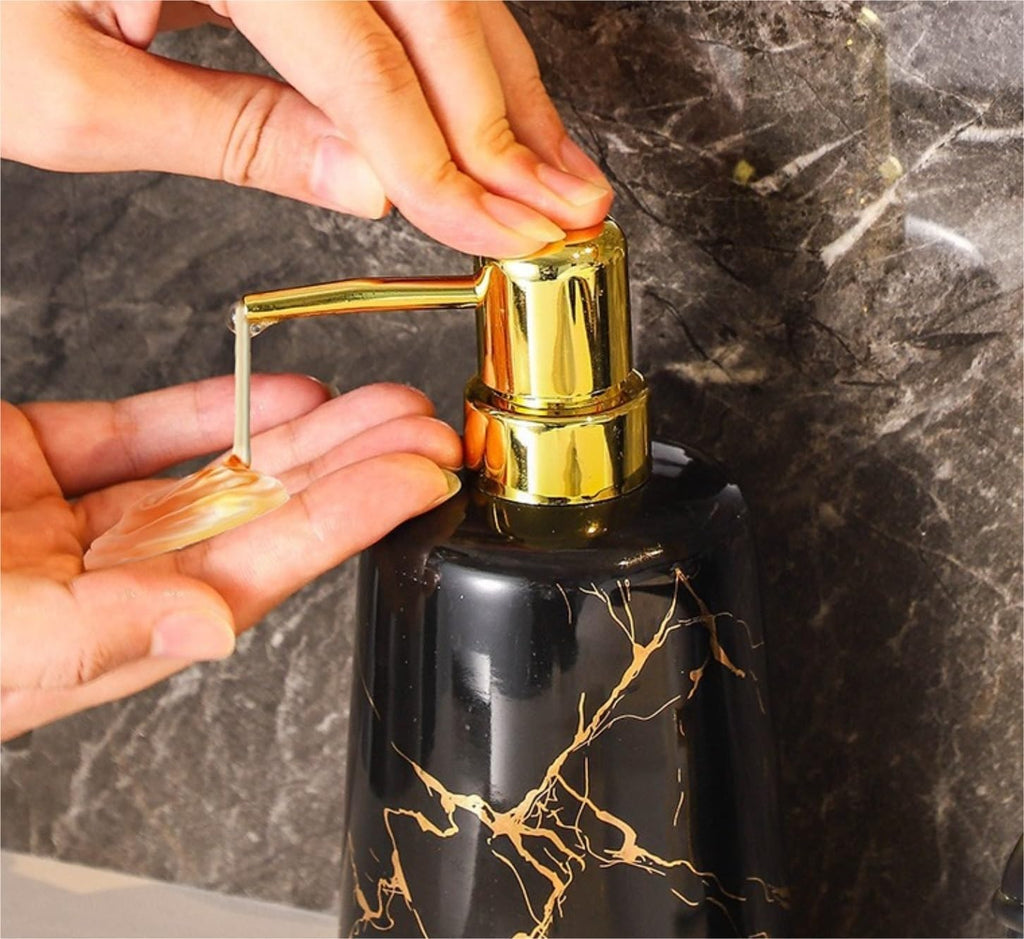 Vanity Bathroom Decor, 5 Piece/Set Soap Dispenser Bathroom Accessories Set Ceramic Marble Pattern Bathroom Accessories Set Housewarming Gift(Black)