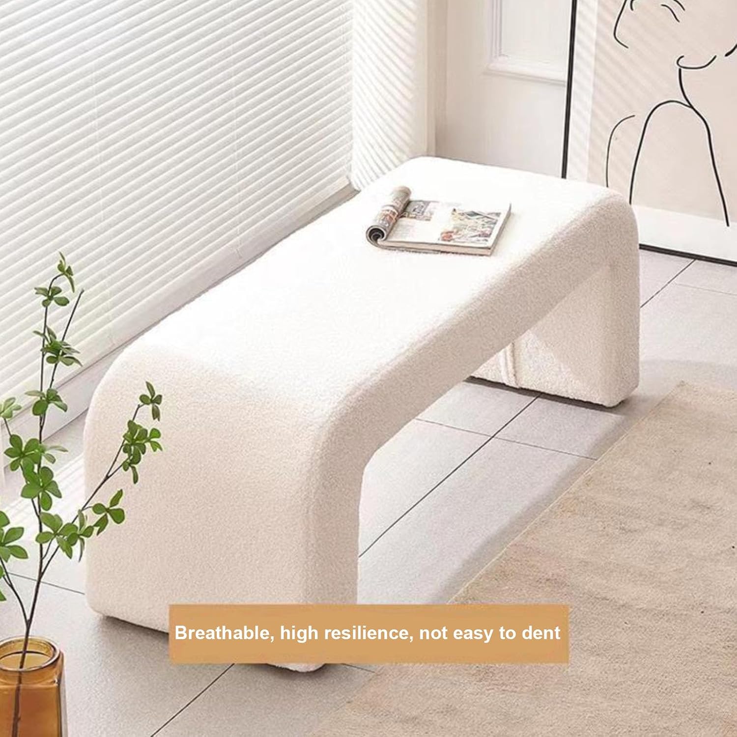 Gray,Small, Fuzzy Sherpa Upholstered Ottoman Bench, Ottoman Bench End of Bed, Modern Upholstered Bench, Modern Fabric Arched Bench, Vanity Bench Stools for Living Room Bedroom Entryway
