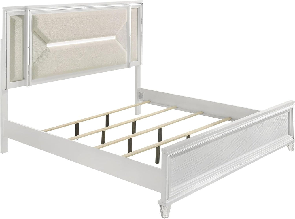 Coaster Home Furnishings Marmore Contemporary 4-Piece Bedroom Set Boucle Upholstered Eastern King Size LED Panel Bed Frame 64-inch Headboard White 224961KE-S4