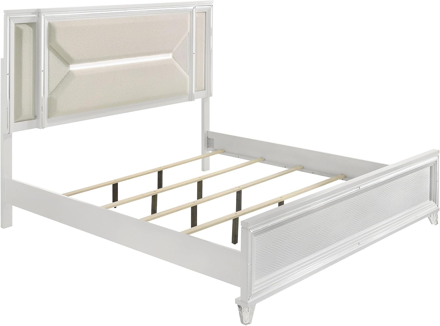 Coaster Home Furnishings Marmore Contemporary 4-Piece Bedroom Set Boucle Upholstered Eastern King Size LED Panel Bed Frame 64-inch Headboard White 224961KE-S4