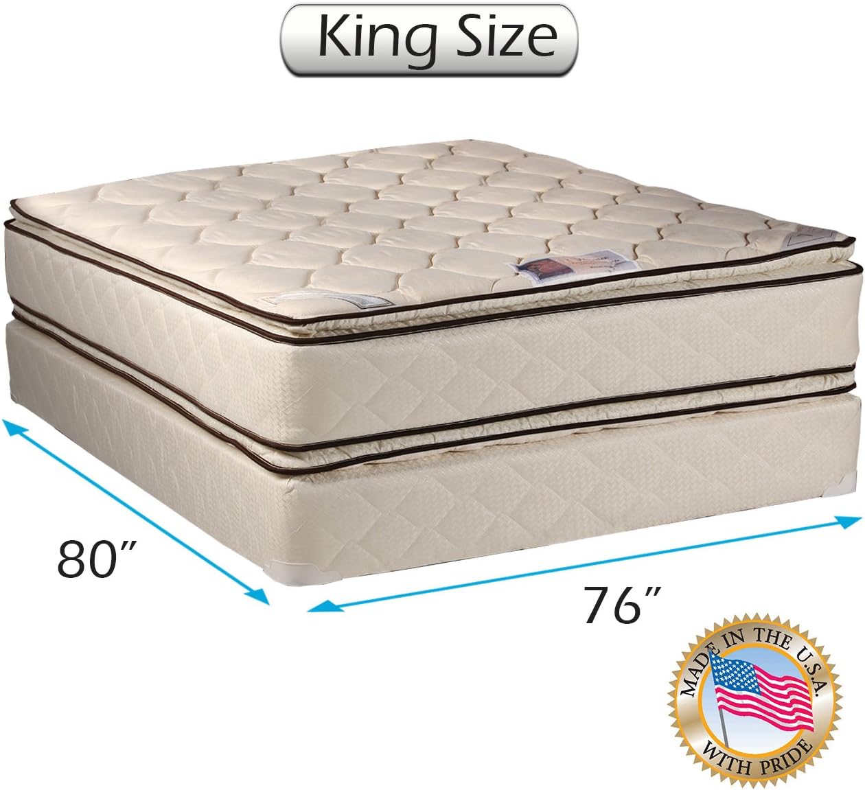 Dream Solutions USA DS USA Coil Comfort PillowTop Eurotop King Size 2-Sided Mattress Set with Metal Bed Frame - Sleep System with Enhanced Cushion Support, Orthopedic, Longlasting Comfort