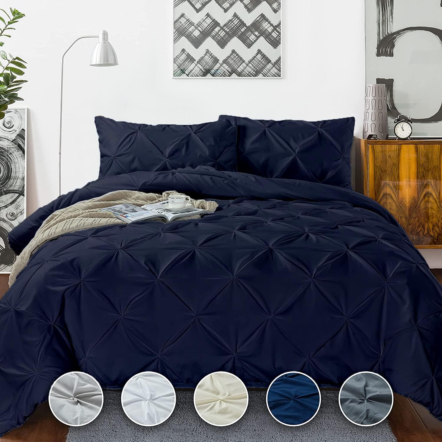 Crown Collection Luxuriate Hotel 1000-TC Hypoallergenic Ultra Soft Design 100% Egyptian Cotton Pinch Plated Duvet Cover with Zipper Colser & 2pcs Pillow Case Set (Super King Plus 120X120) Navy Blue