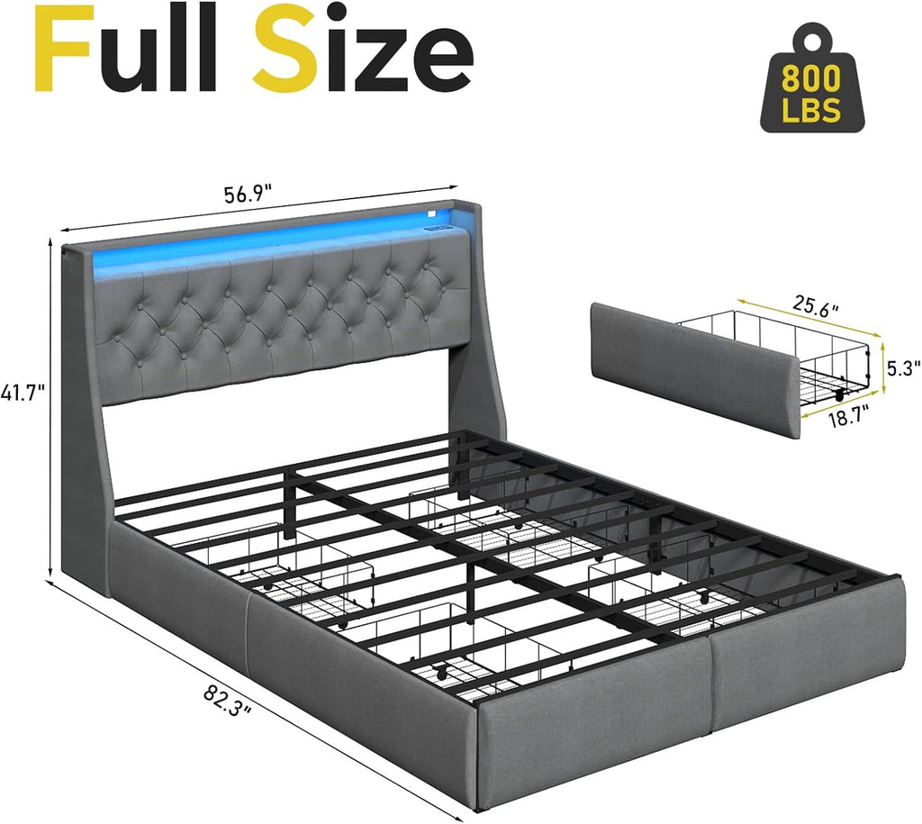 SADENICEL Full Size Bed Frame with Storage Headboard and 4 Drawer, Metal Full Bed Frame Platform with LED Light, Charging Station, No Box Spring Needed, Noise Free, Easy Assembly, Grey