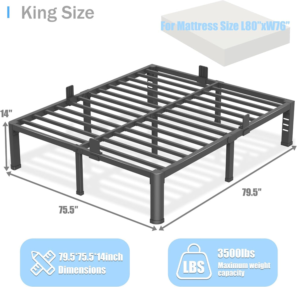 14 inch King Size Bed Frame with Round Corner Legs and Headboard Hole Mattress Slide Stopper 3500 lbs Heavy Duty Metal Platform,Steel Slat Support,No Box Spring Needed,Easy Assembly,Noise Free