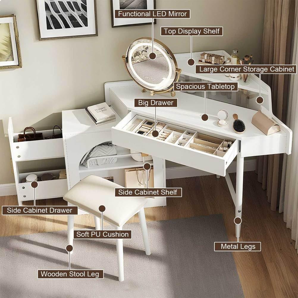 Corner Makeup Vanity Desk with Mirror and Lights, LED 3-Color Adjustable, Large Drawers & Side Cabinet, Cushioned Stool, Modern Dressing Table for Bedroom Small Spaces,White