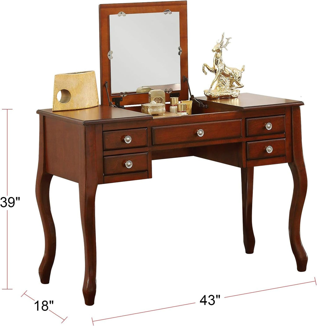 Poundex F4147 Bobkona Cailyn Flip Up Mirror vanity Set with Stool in Cherry