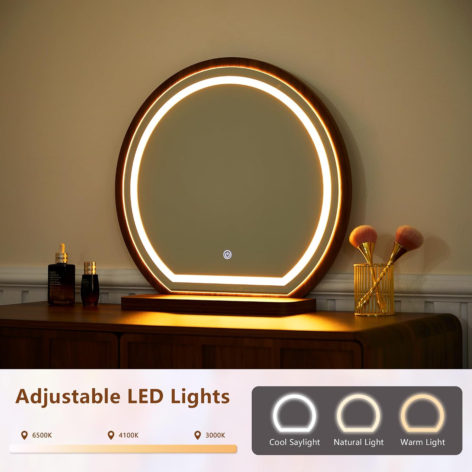 ORRD Vanity Desk with Mirror and Lights, Modern Wood Wave Panel Vanity Desk Set Makeup Table with Drawers and Cabinet, Dressing Table with Storage for Bedroom, Walnut