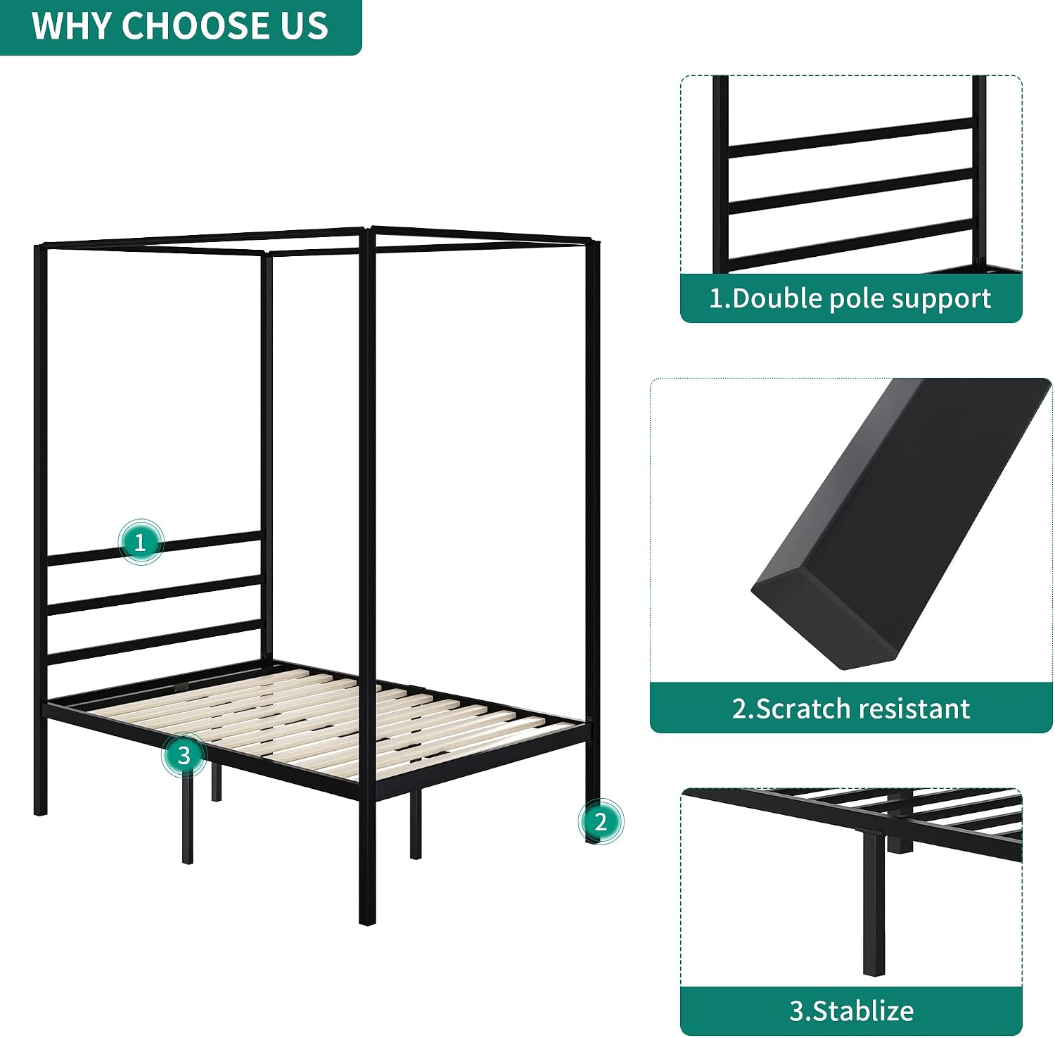 YITAHOME Black Metal 4 Poster Canopy Bed Frame with Headboard, Mattress Foundation with Wooden Slats and Steel Structure, No Box Spring Needed, Modern Heavy Duty Iron Canopy Bed (Full)