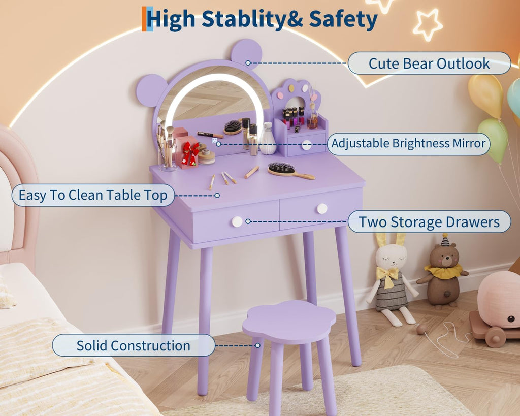 Garvee Kids Vanity Set with Lights,Bear-Shaped Make Up Vanity Desk with Mirror&Stool,Wooden Princess Toddler Make Up Table Set for Bedroom,Pretend Play Vanity Sets for Little Girls(Purple)