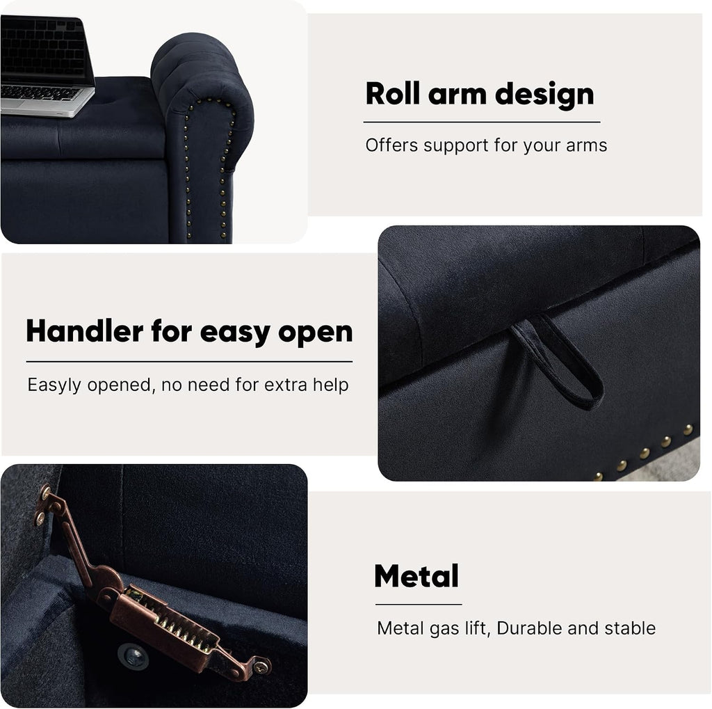 Storage Bench for Bedroom, 51' Upholstered End of Bed Bench, Velvet Queen Size Benches with Rolled Arms, Tufted Button Storage Long Ottoman, Living Room, Entryway, Black