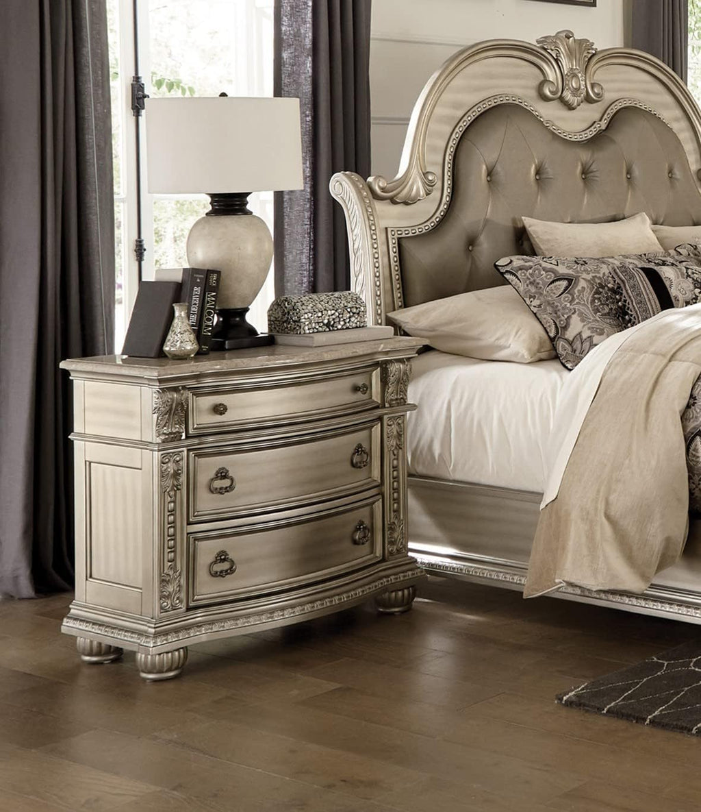 New Formal Traditional 5pc Set California King Size Faux Leather Upholstered Bed Silver Finish Classic Design Marble Top Pieces Bedroom Furniture