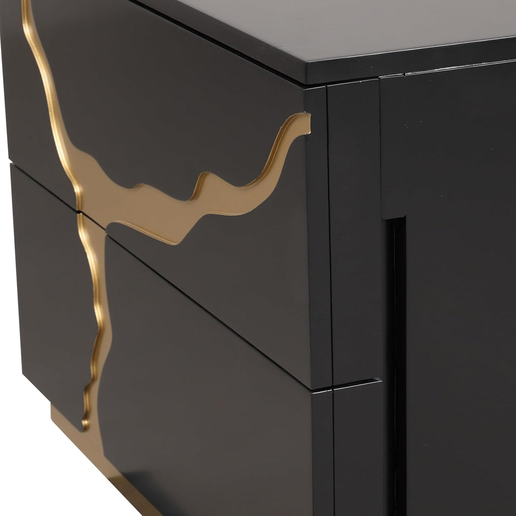 Furniture of America Quanta Modern Wood 3-Piece Bedroom Set with Panel Headboard and Gold-Painted Pattern Extended Walls, Felt-Lined Top Drawer, No Box Spring Needed, Queen, Black