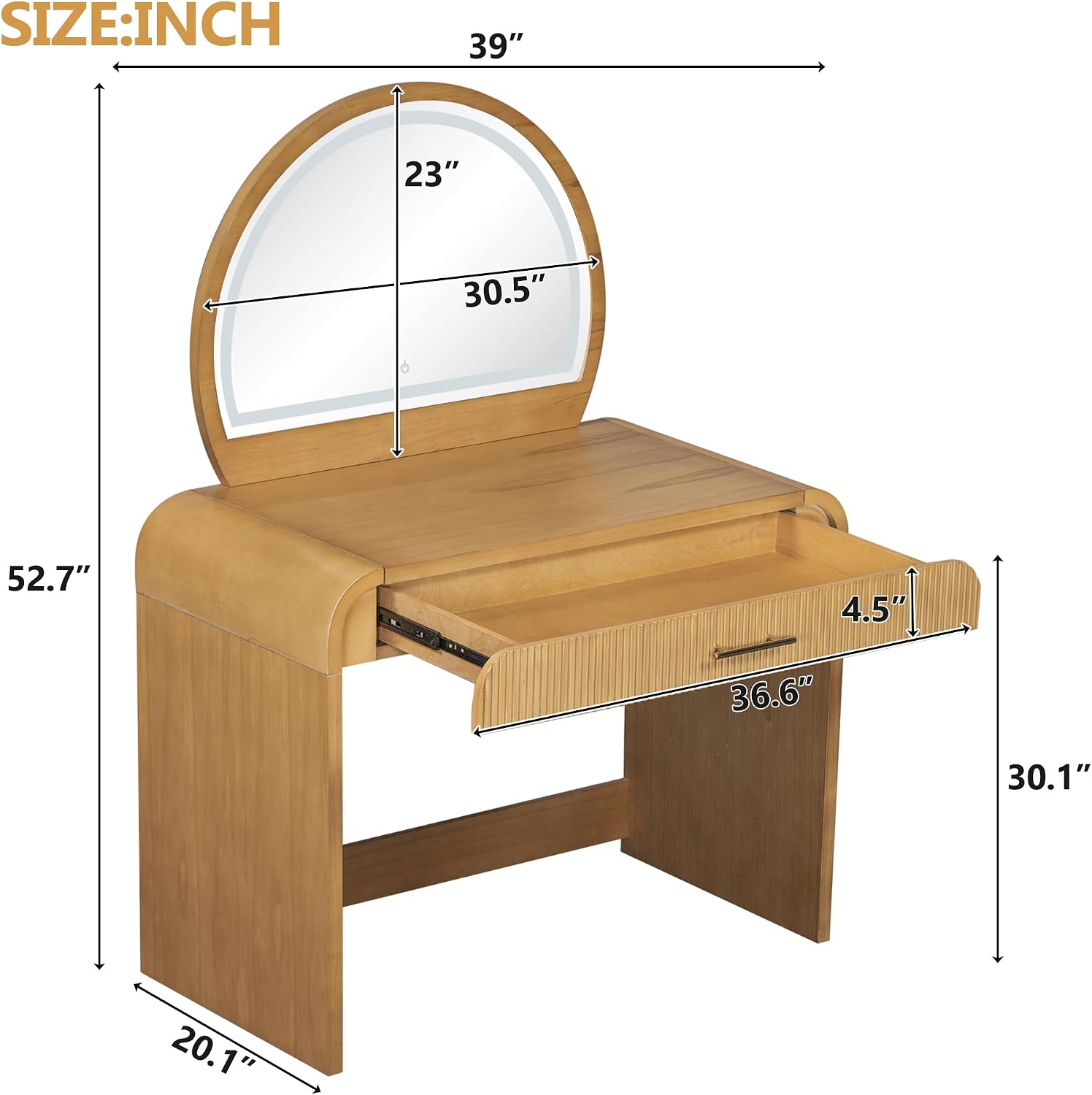 JIJIWANG 39' Makeup Vanity Table with Mirror Touch Screen Lighted Mirror, Dressing Table with Drawer for Bedroom, (Natural, 39' L x 20.1' W x 52.7' H)