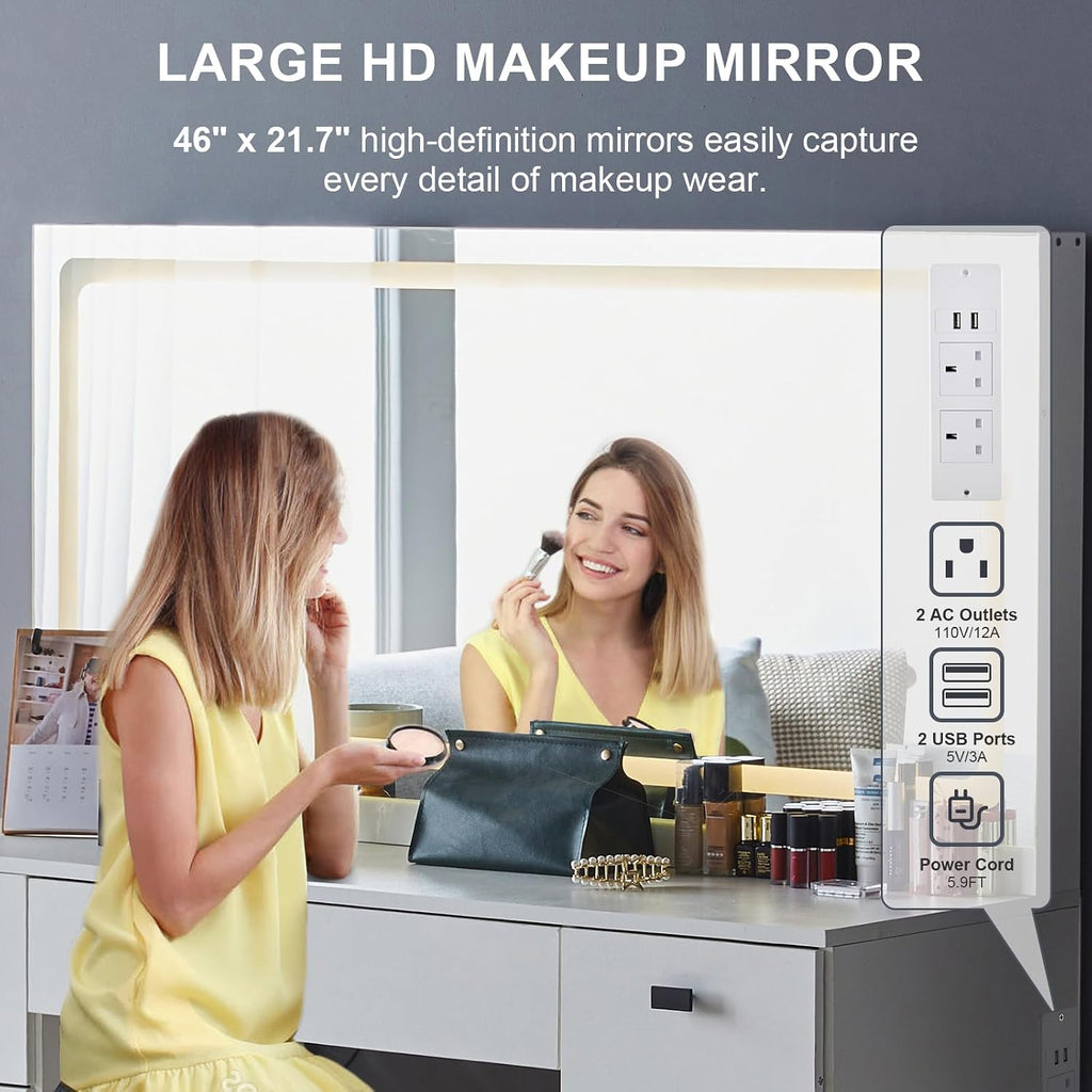CLIPOP Makeup Vanity Desk with Large Lighted Mirror, Makeup Table with 7 Drawers, Power Outlet, Touch Control 3 Color Modes & Adjustable Brightness LED Strip, Cushioned Stool | Bedroom Dressing Table