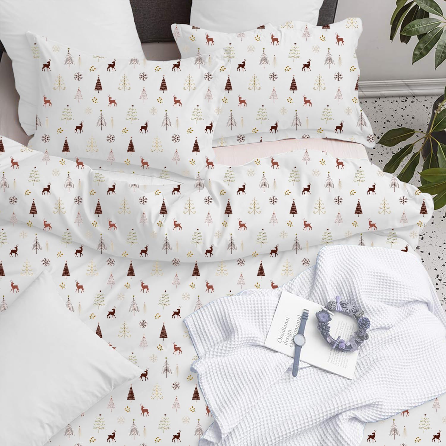 New Luxuriate Hotel 1000-TC Hypoallergenic Ultra Soft Design 100% Egyptian Cotton Solid Duvet Cover with Zipper Colser & 2pcs Pillow Case Set (Super King Plus 120X120, Christmas Print)