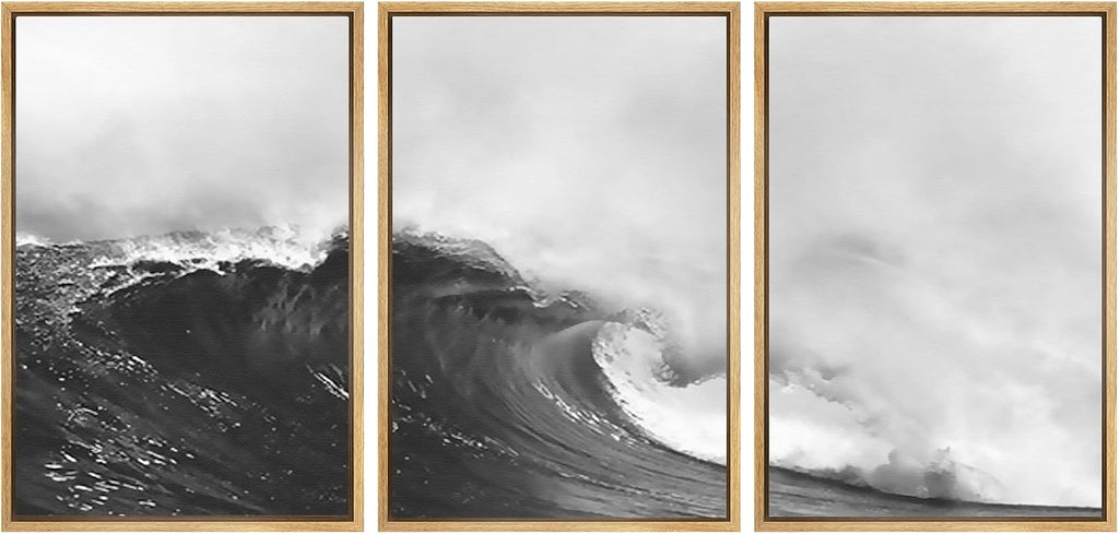 SIGNWIN Framed Canvas Print Wall Art Set Black & White Ocean Beach Waves Nature Wilderness Photography Modern Art Rustic Landscape Relax/Calm for Living Room, Bedroom, Office - 16'x24'x3 Natural