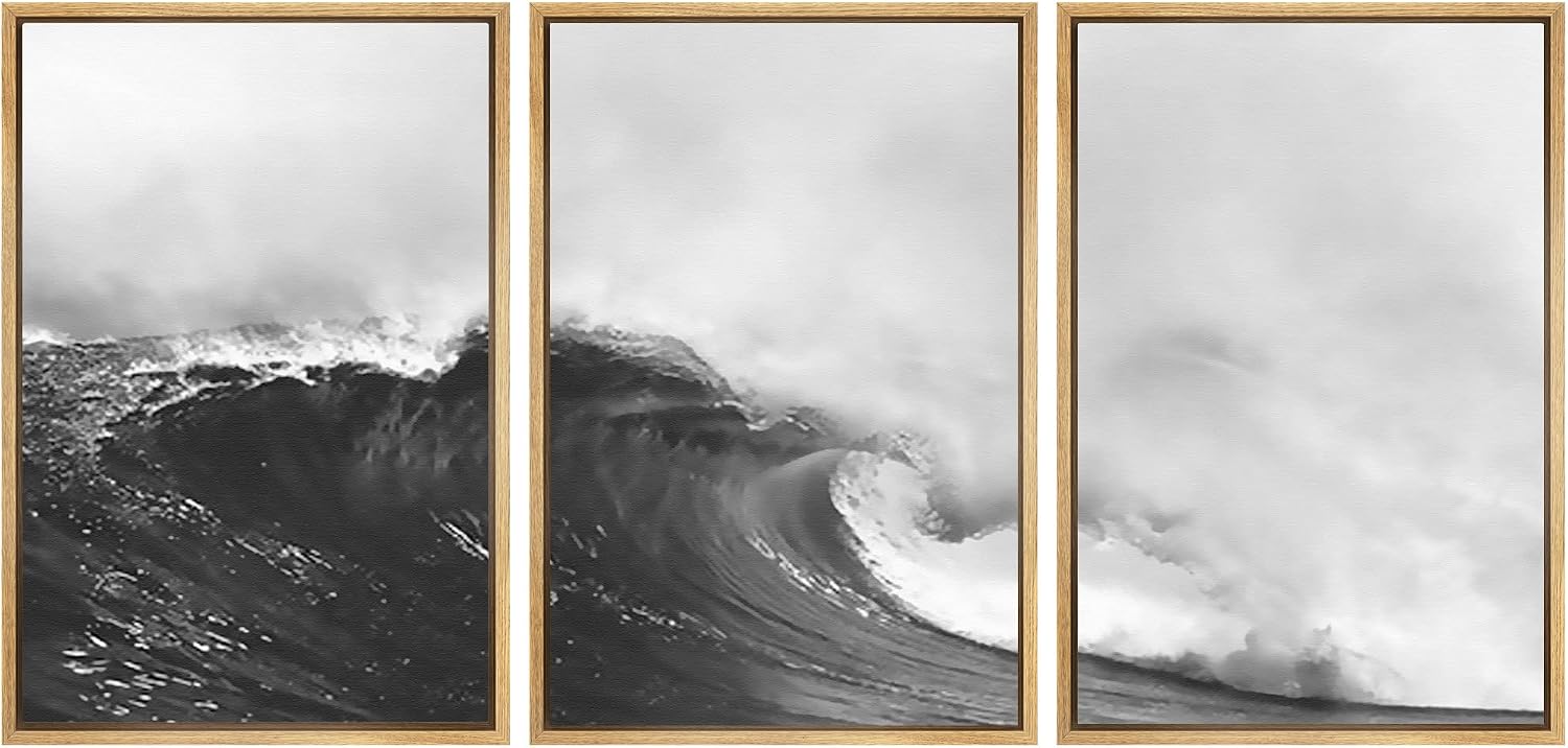 SIGNWIN Framed Canvas Print Wall Art Set Black & White Ocean Beach Waves Nature Wilderness Photography Modern Art Rustic Landscape Relax/Calm for Living Room, Bedroom, Office - 16'x24'x3 Natural