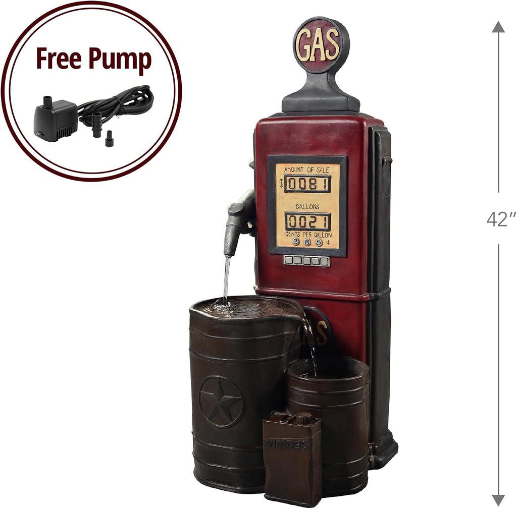 Peaktop Teamson Home Vintage Gas Station Statue 3 Tiered Floor Waterfall Fountain with Pump for Outdoor Patio Garden Backyard Decking, 42 Inch Height, Dark Red