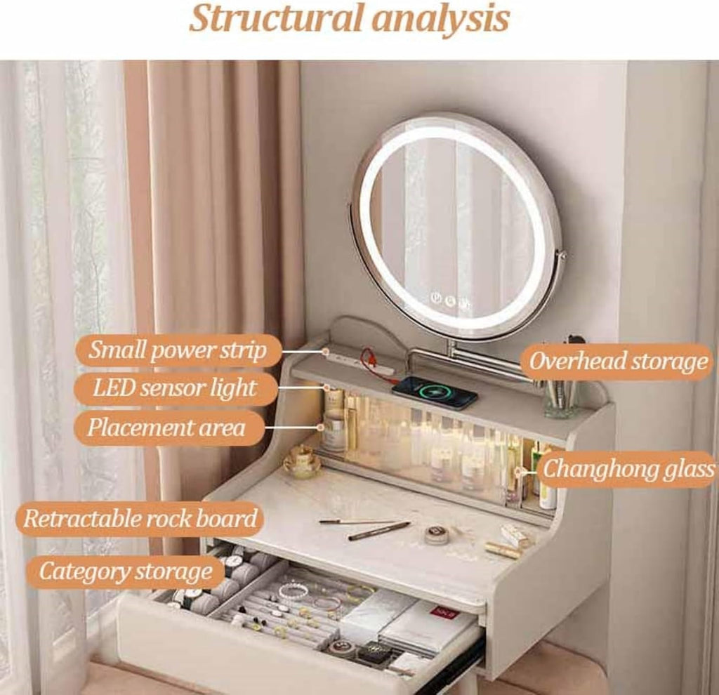 Floating Vanity Makeup Table, Wall-Mounted Desk Vanity, Floating Corner Desk with Retractable Rock Tabletop, Solid Wood Hanging Nightstand, LED Sensor Light(70cm)