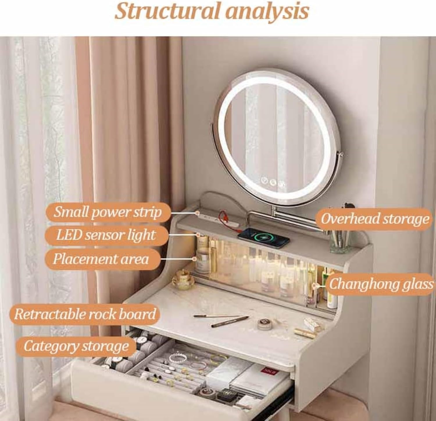Floating Vanity Makeup Table, Wall-Mounted Desk Vanity, Floating Corner Desk with Retractable Rock Tabletop, Solid Wood Hanging Nightstand, LED Sensor Light(60cm)