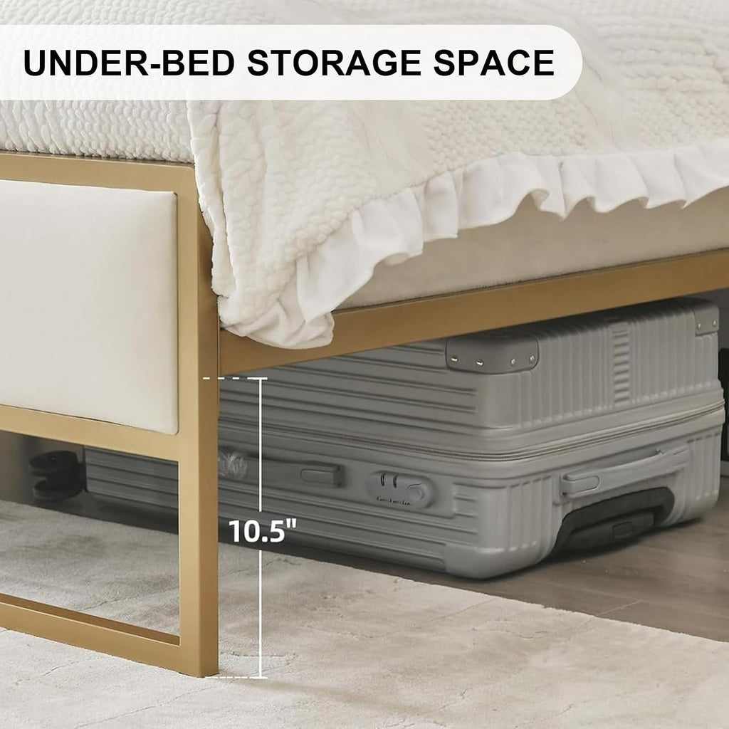 VELOCAVA Full Metal Upholstered Bed with Geometric Headboard, Velvet Platform Bed with 10'' Under Bed Storage Supported by Metal Base and Wooden Slats, No Box Spring Needed, Gold&Cream