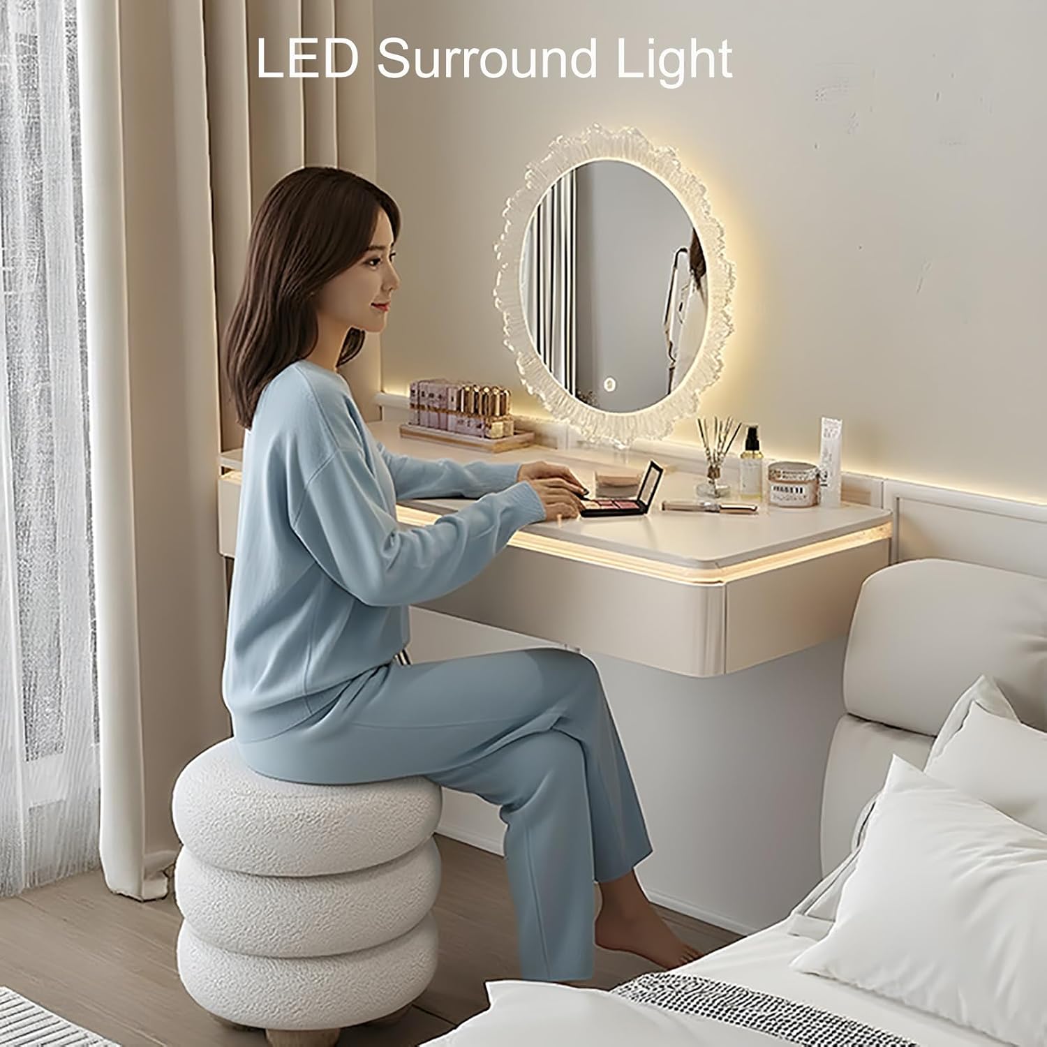 White Corner Floating Makeup Vanity, Wall-Mounted Vanity Desk with Lights, Floating Corner Desk for Bedroom, Dressing Room, or Small Spaces(120cm/47.2in)