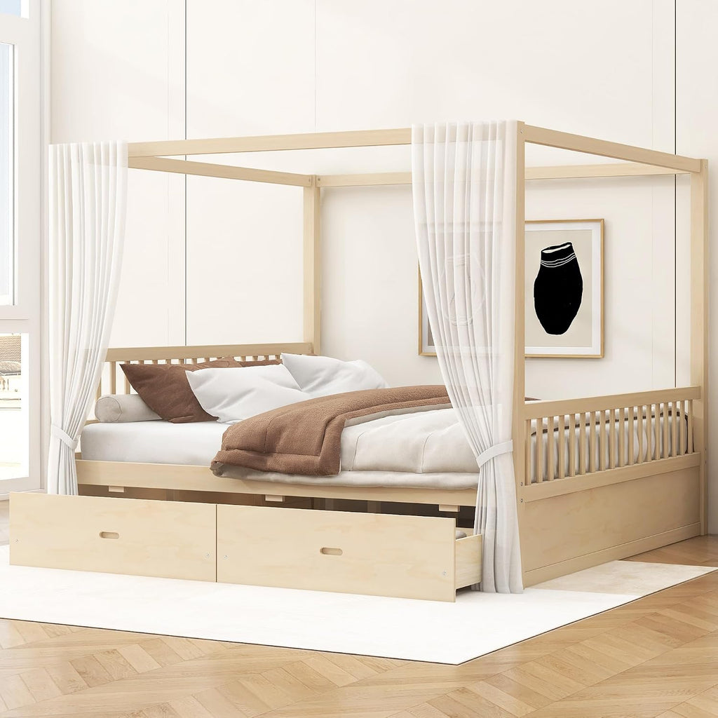 Merax King Size Canopy Bed with Storage, Solid Wood Four Poster Bed Frame with Drawers, No Box Spring Needed, Natural