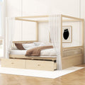 Merax King Size Canopy Bed with Storage, Solid Wood Four Poster Bed Frame with Drawers, No Box Spring Needed, Natural