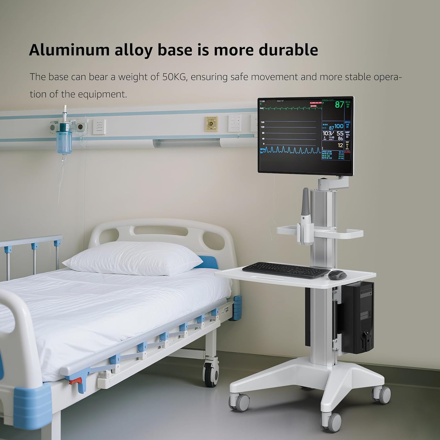 BEWISER Medical Trolley Cart Height Adjustable Monitor Mount,Big Pallet Cart with Oral Scanner Holder All-Aluminum Base,Mobile Workstation for Hospital,Lab & Dental Clinics