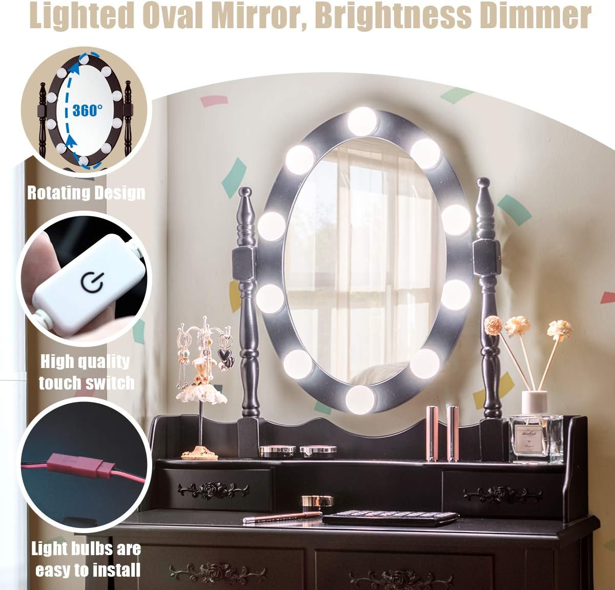 DORTALA Vanity Table Set, Makeup Dressing Table with 10 Dimmable Bulbs Lighted Mirror & 4 Drawers, Cushioned Stool, Solid Wood Leg, Classic Dressing Table Set for Home, Salon, Brown