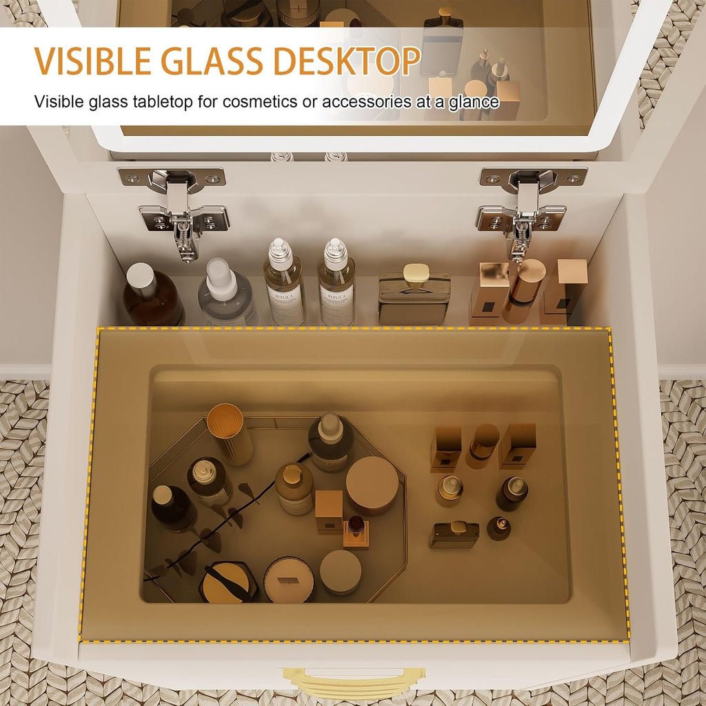 KEIKI 3 in 1 Make Up Vanity Desk with Open Top Mirror, Nesting Stool, Visible Glass Desktop & 3 Storage Drawers, 3 Lighting Color, Makeup Dresser Table or Nightstand for Bedroom, Dressing Room