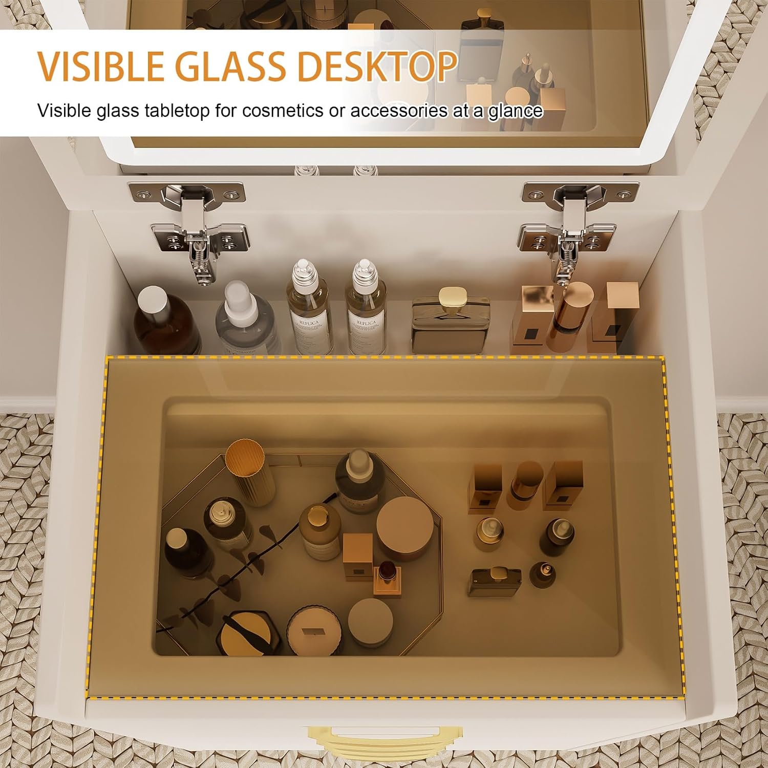 KEIKI 3 in 1 Make Up Vanity Desk with Open Top Mirror, Nesting Stool, Visible Glass Desktop & 3 Storage Drawers, 3 Lighting Color, Makeup Dresser Table or Nightstand for Bedroom, Dressing Room