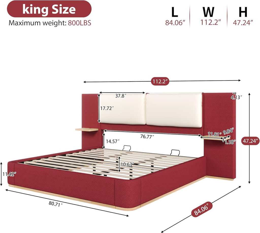 Luxury Bed Frame with Nightstands Modern Bedroom Set, Red King Size Floor Platform Bed with Oversize Soft Upholstered Tall Headboard Bedframe, No Box Spring Needed (Red, King)