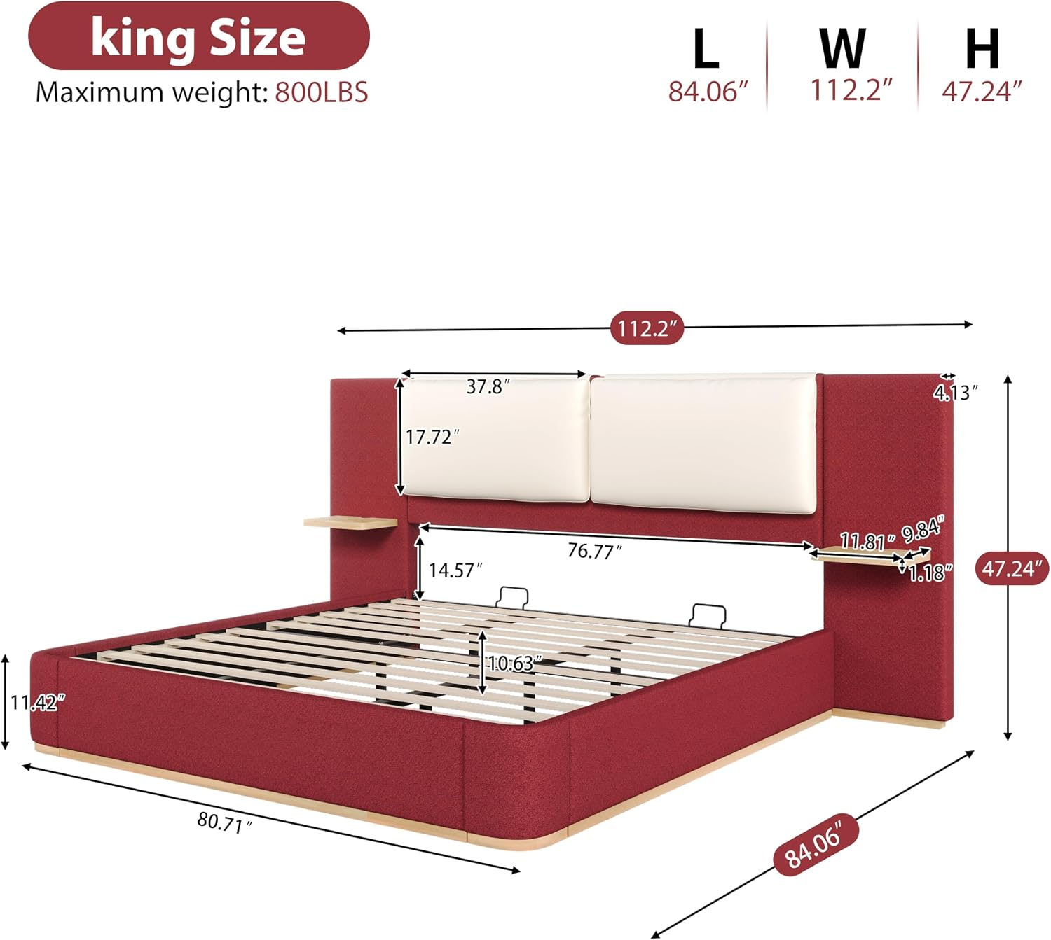 Luxury Bed Frame with Nightstands Modern Bedroom Set, Red King Size Floor Platform Bed with Oversize Soft Upholstered Tall Headboard Bedframe, No Box Spring Needed (Red, King)