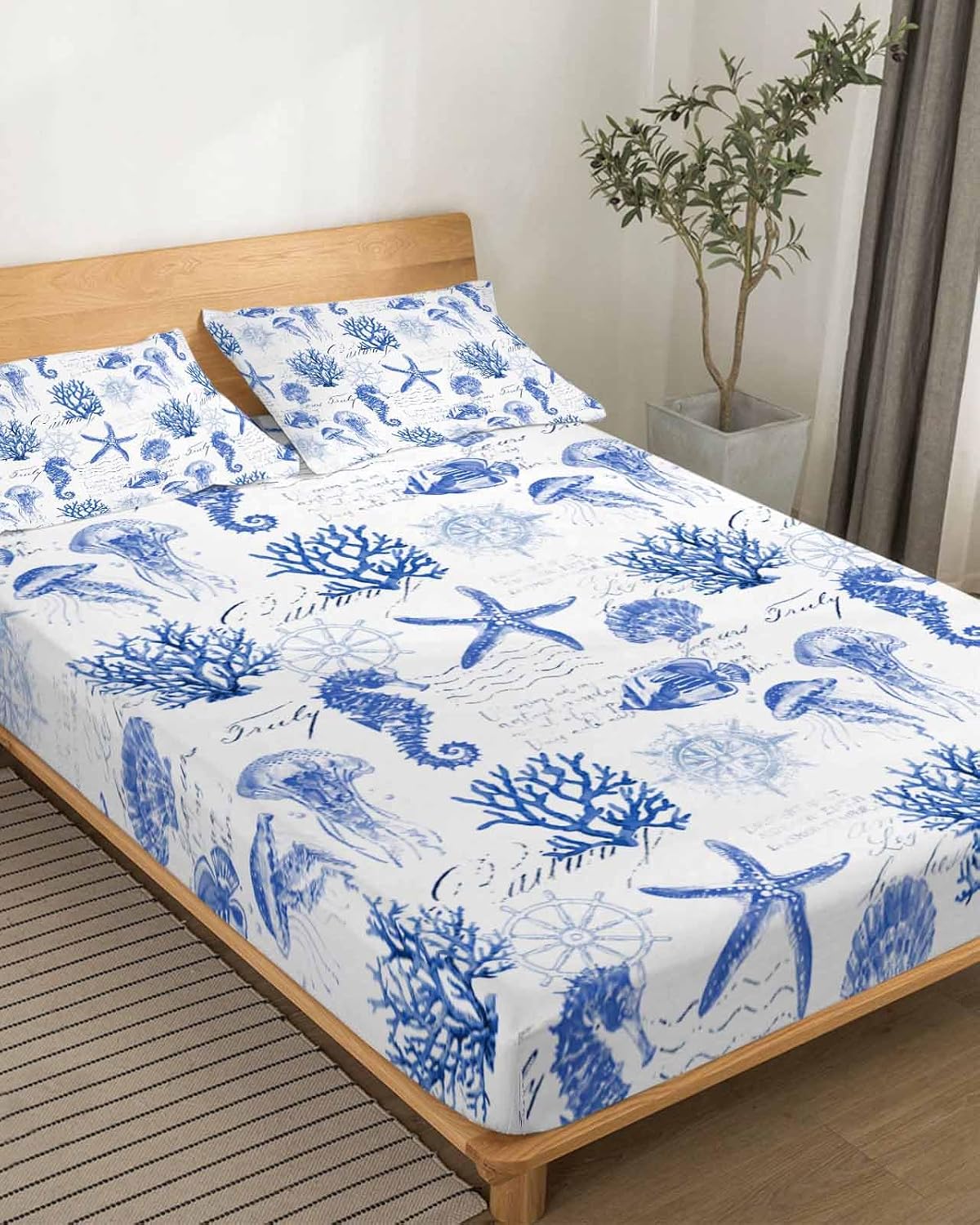 Blue Coastal Cal King Sheet Set 4 Piece Bedding - Ocean Nautical Coral Seahorse Starfish Breathable Comfy Cooling Bed Sheets & Pillowcase Sets,Hotel Luxury Flat Sheets Deep Pockets Fitted Sheet