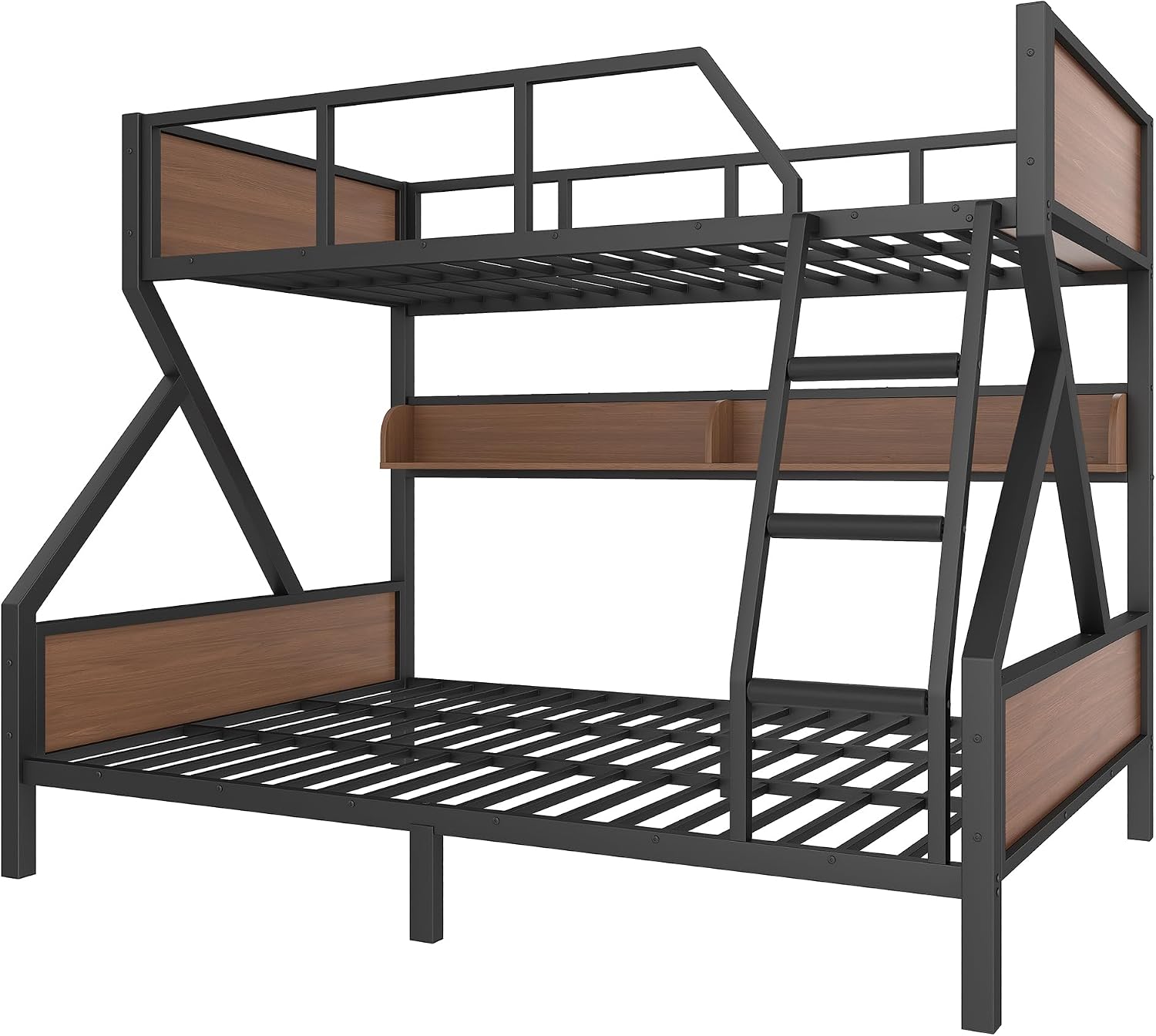 Bellemave Bunk Bed Full XL Over Queen with LED, Heavy Duty Metal Bunk BedFrame with Storage Shelves and Lights, Woodgrain+Black