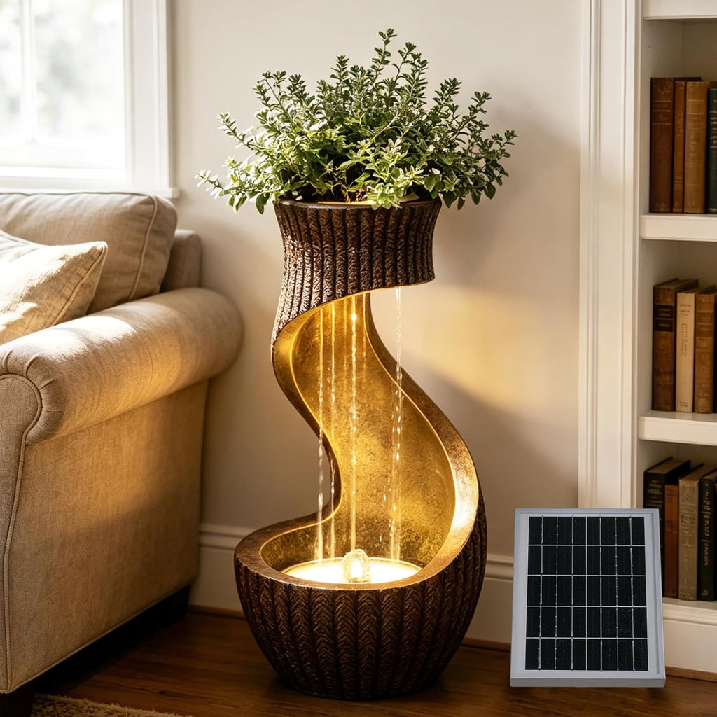 Solar Water Fountain Outdoor with LED Lights & Planter, 26.8' Modern S-Shaped Waterfall Fountain with Battery Backup, IP64 Weatherproof Resin Floor Fountain for Garden, Patio, Porch, and Home Decor