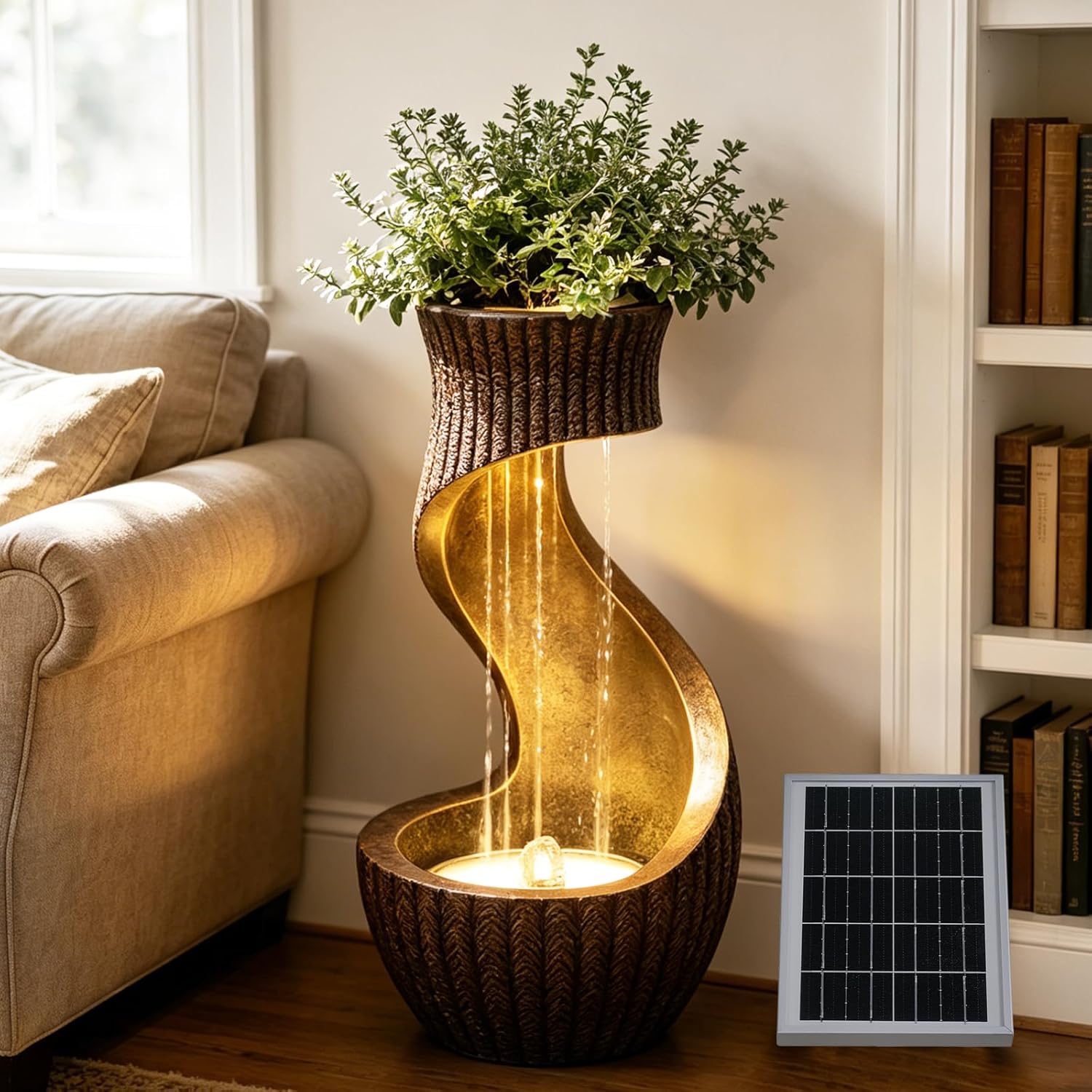 Solar Water Fountain Outdoor with LED Lights & Planter, 26.8' Modern S-Shaped Waterfall Fountain with Battery Backup, IP64 Weatherproof Resin Floor Fountain for Garden, Patio, Porch, and Home Decor