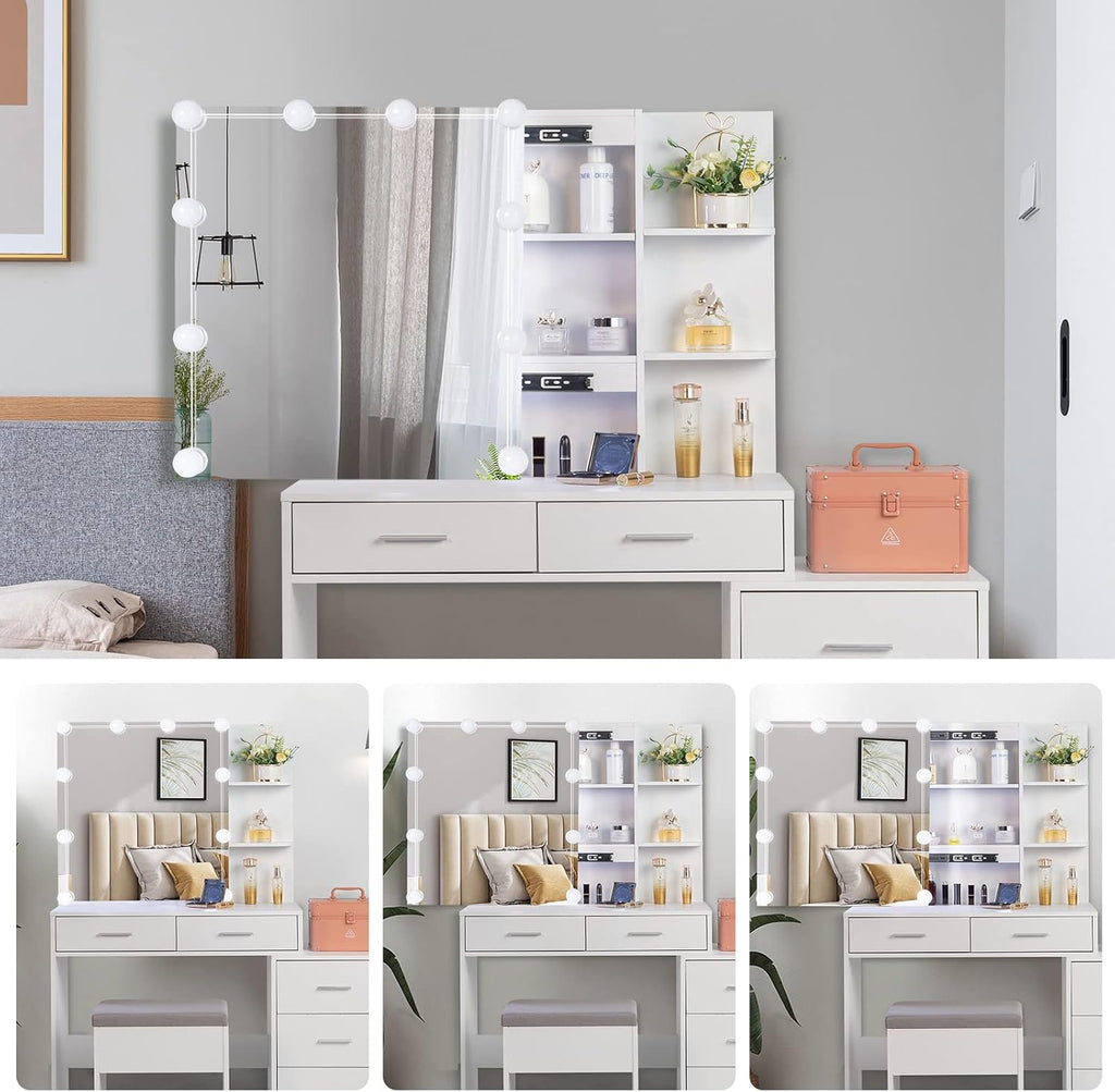Karl home Vanity Desk with Sliding Mirror and Lights,3 Colour Light Modes,5-Drawer Makeup Vanity with Stool, Makeup Desk Vanity Table for Women, White