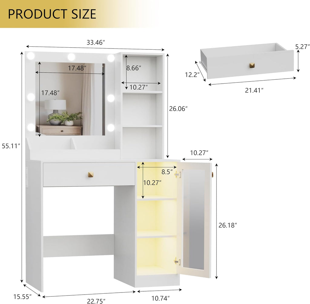 Wodeer Small Makeup Vanity Desk with Mirror and Lights, Vanity with Glass Cabinet, LED Lights & Power Outlet, Drawer & RGB Glass Cabinets, Adjustable Lighted Dressing Table for Women & Girls Bedroom