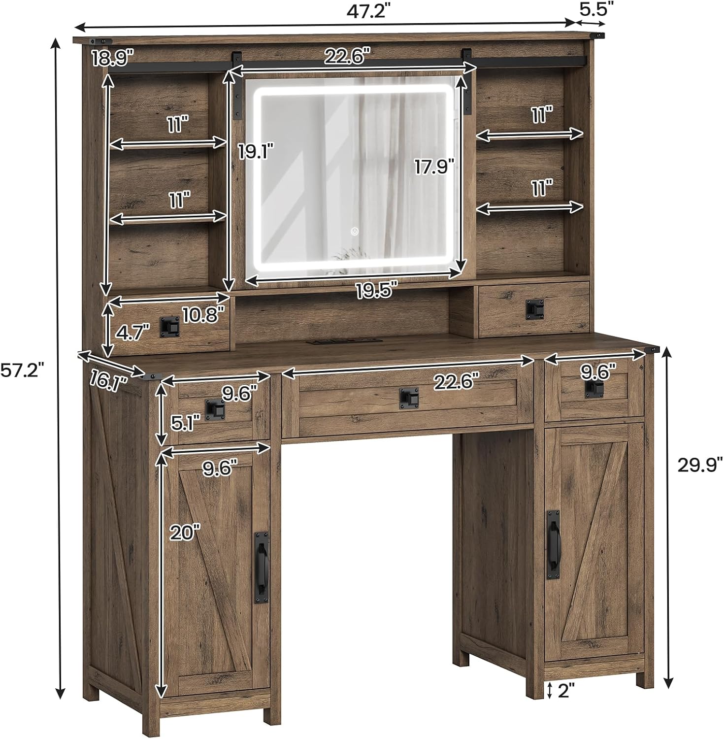 AOGLLATI Farmhouse Makeup Vanity Desk with Lights & Charging Station,Vanity Desk with Mirror and Lights, 47.2' Large Brown Vanity Table with Ample Storage Space and Sliding Mirror (Oak Brown)