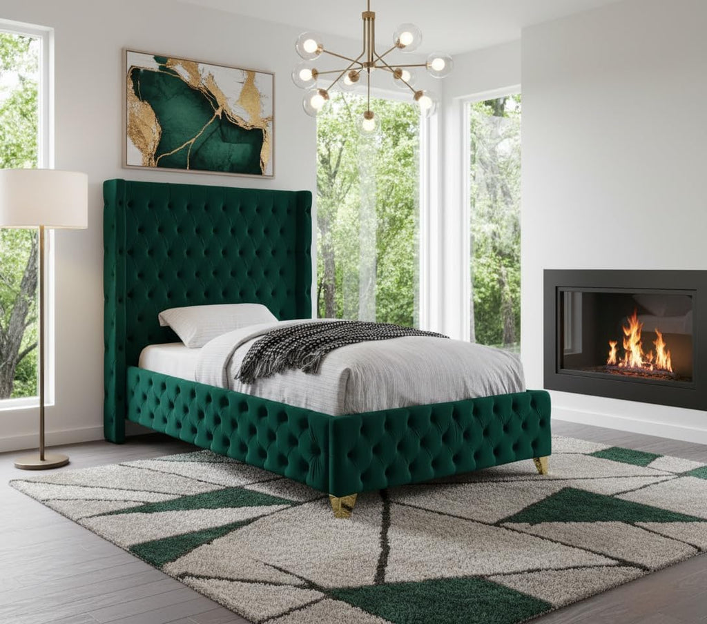 Meridian Furniture SavanGreen-T Savan Collection Modern | Contemporary Velvet Upholstered Bed with Deep Button Tufting in Gold or Chrome Finish, 50' W x 81' D x 56' H, Green, Twin