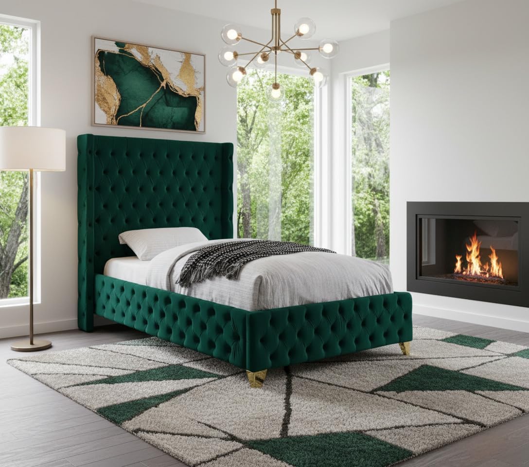 Meridian Furniture SavanGreen-T Savan Collection Modern | Contemporary Velvet Upholstered Bed with Deep Button Tufting in Gold or Chrome Finish, 50' W x 81' D x 56' H, Green, Twin