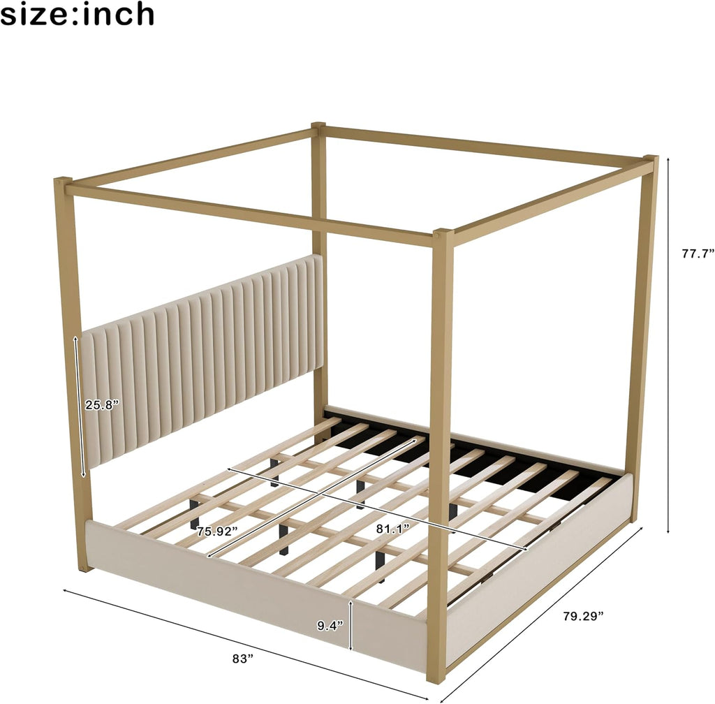 Modern 4-Poster Canopy Platform Bed King Size with Channel Upholstery Tufted Headboard, Gold Metal Canopied Design Platform Bed Frame with Strong Slats Support (Beige-1.20)