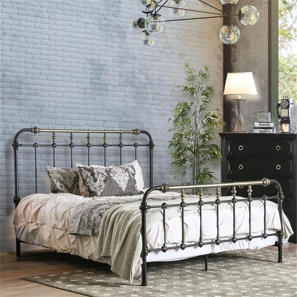 BOWERY HILL Transitional Metal Twin Spindle Bed, Antique Black Finish, Powder-Coated Steel Construction, 80.75 x 43.5 x 54.75 in, Headboard and Footboard Slats, Antique Gold Accents for Bedroom Use