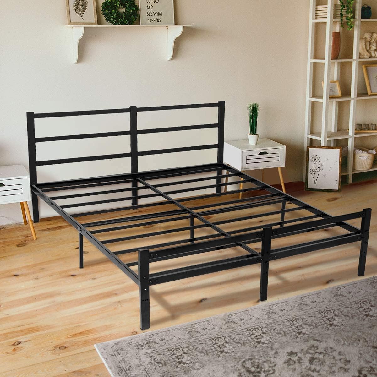 AKSG Queen Bed Frame with Headboard 14 Inch Platform Bed Frame No Box Spring Needed Metal Queen Size Bed Frame with Storage Heavy Duty Steel Slat Black