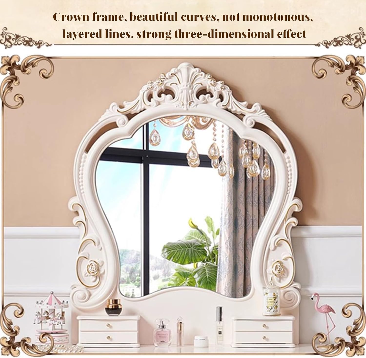 Dressing Table,Vanity Desk with Drawers and Cushioned Stool,Makeup Vanity Table Set with Mirror and Light,European Retro(B)