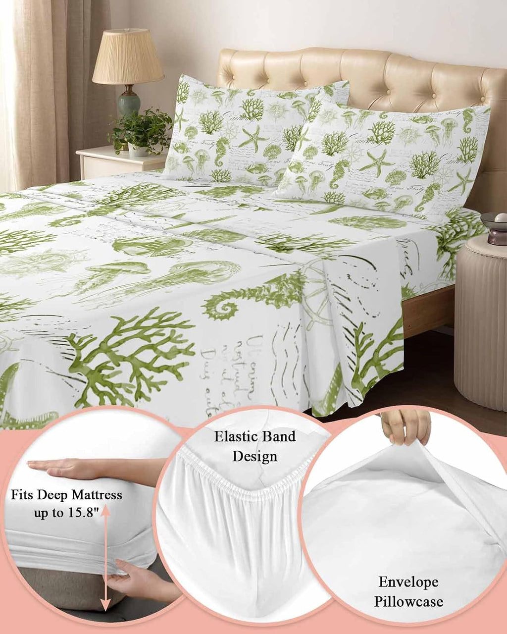 Sage Green Coastal Cal King Sheet Set 4 Piece Bedding - Starfish Jellyfish Fish Coral Shells Breathable Comfy Cooling Bed Sheets & Pillowcase Sets,Hotel Luxury Flat Sheets Deep Pockets Fitted Sheet