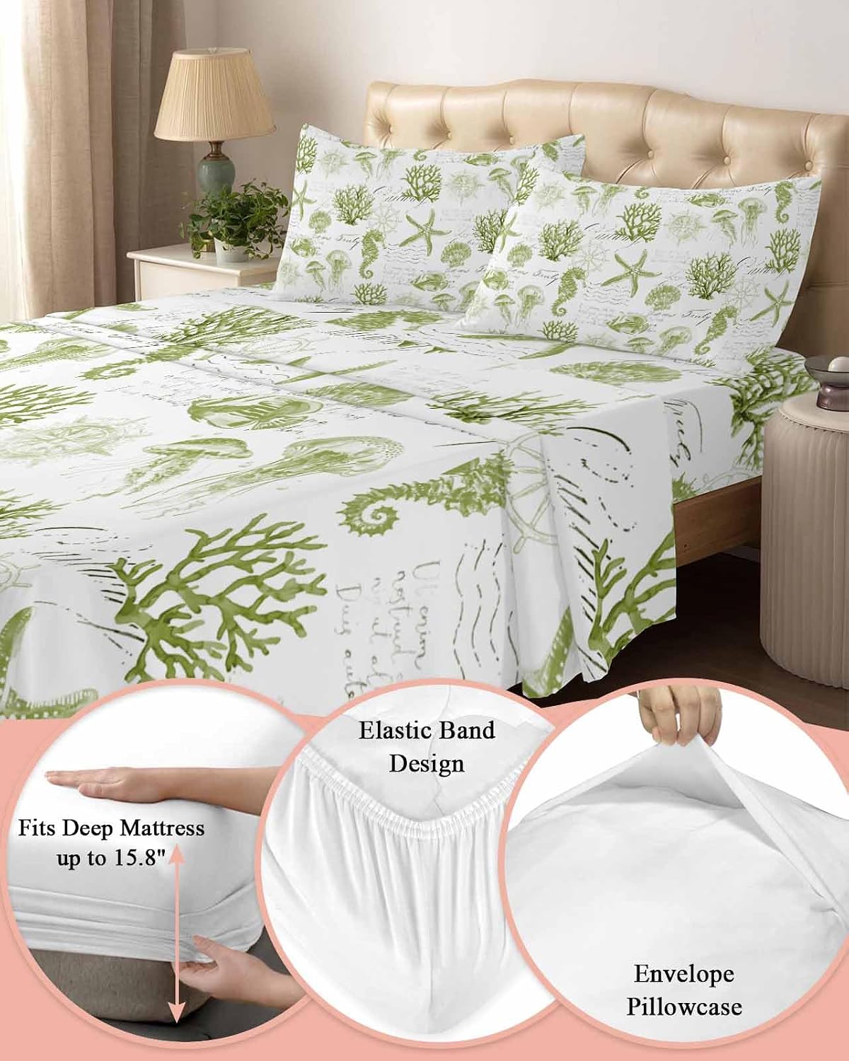 Sage Green Coastal Cal King Sheet Set 4 Piece Bedding - Starfish Jellyfish Fish Coral Shells Breathable Comfy Cooling Bed Sheets & Pillowcase Sets,Hotel Luxury Flat Sheets Deep Pockets Fitted Sheet