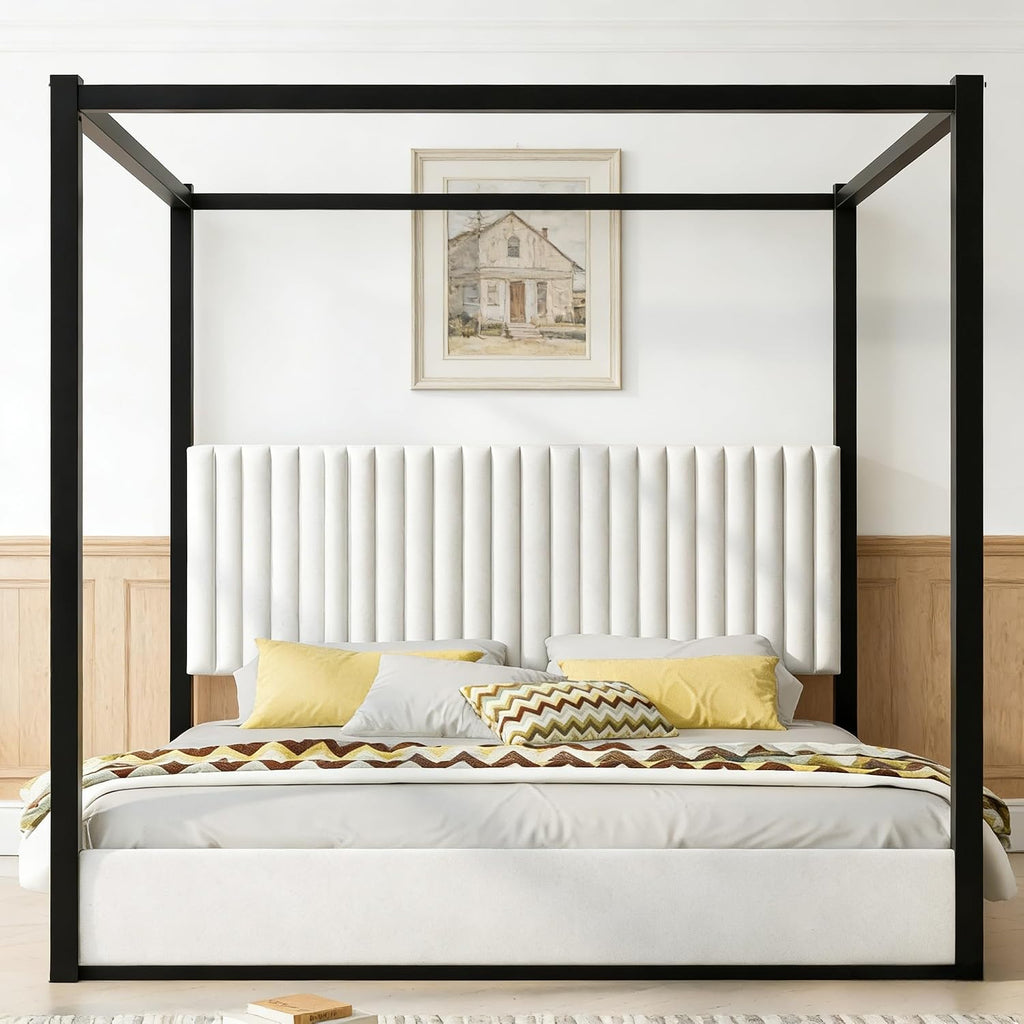LUMISOL King Size Metal Canopy Bed Frame, 4 Poster Bed with Tall Upholstered Headboard, Velvet Upholstered Canopy Platform Bed, No Box Spring Needed, Black + White